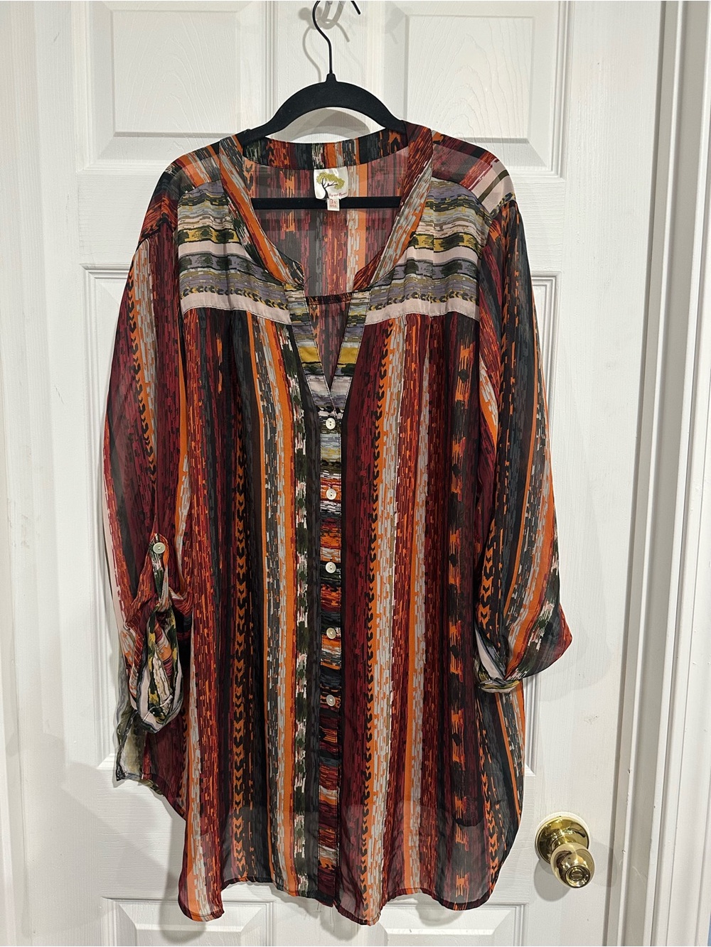 Fig and Flower by Anthropologie Boho Roll-Tab Sleeve Button-Up Aztec Blouse 3X